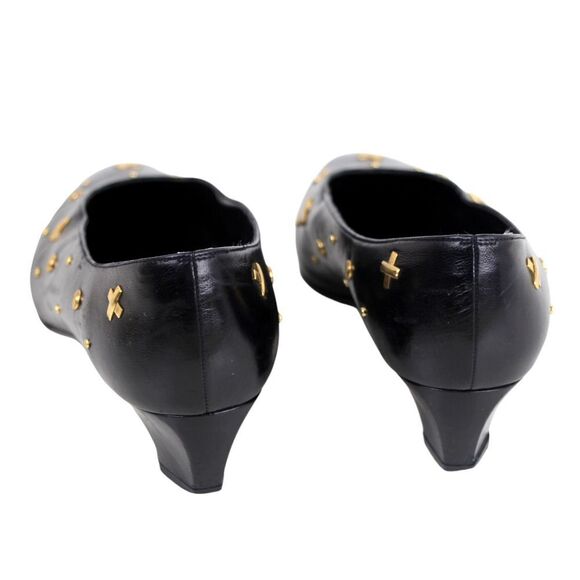 VTG Town Shoes BLACK REAL LEATHER POINTED MID HEEL STUDS CLASSIC PUMP SHOES 6.5M - Picture 4 of 11